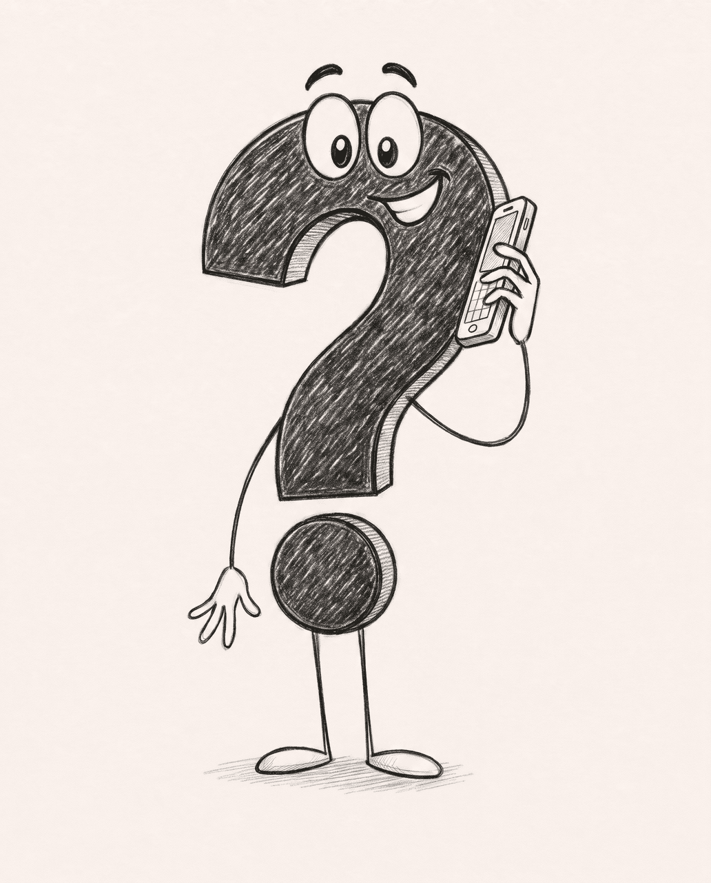 Illustration of a question-mark character holding a phone